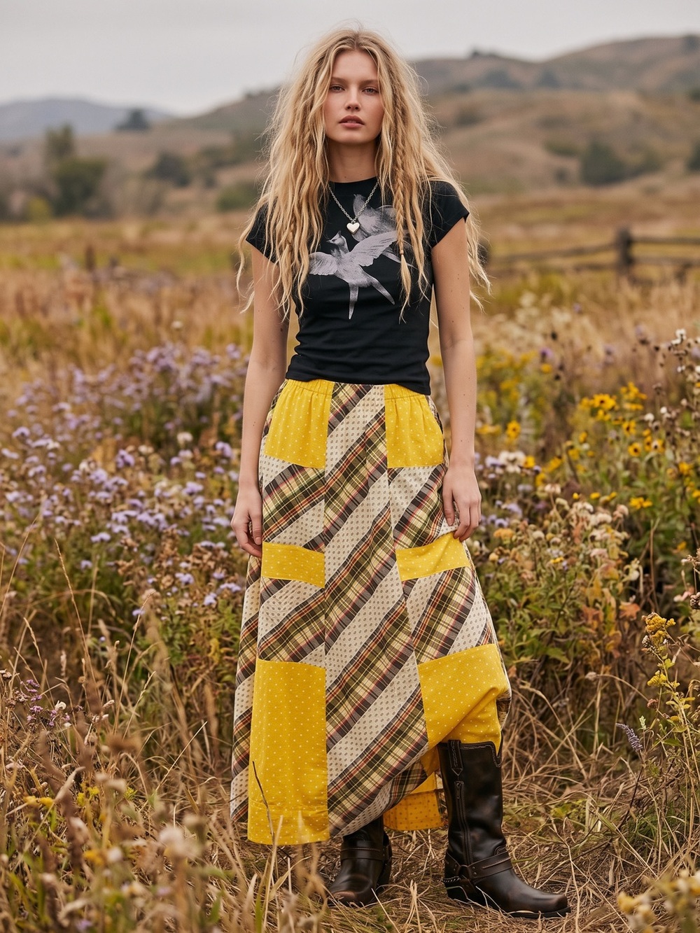 Vintage 70s Chessa Davis Bohemian Prairie Patchwork Maxi Skirt Small Medium